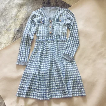 

Women autumn winter designer knitted sweater plaid dress lurex gold color button V-neck fringe sexy long sleeve dresses blue