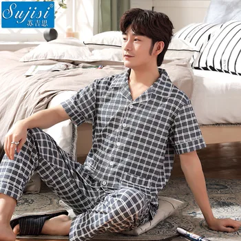 

Summer new cotton men's short-sleeved trousers pajamas lapel spring and summer lattice large size cardigan wear home clothes