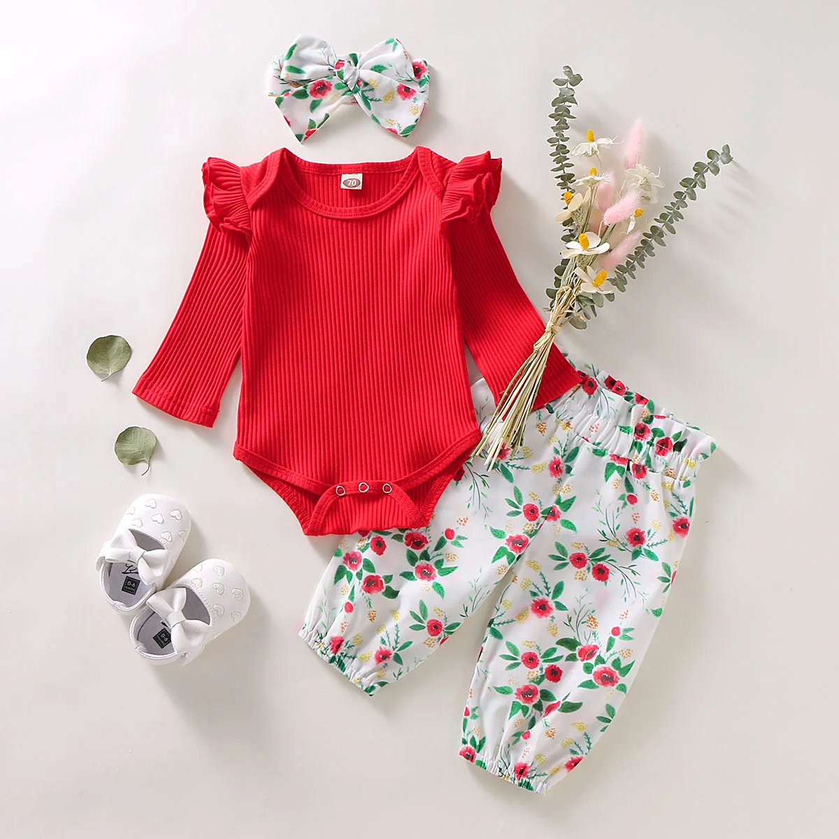 Emmababy Одежда для новорожденных девочек, вязаные топы, хлопковый комбинезон+ длинные штаны с цветочным принтом, комплект из 2 предметов