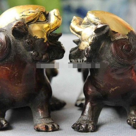 320+++ Китайская народная медная бронзовая позолота Fengshui Evil Foo Dog Лев отважных солдат пара