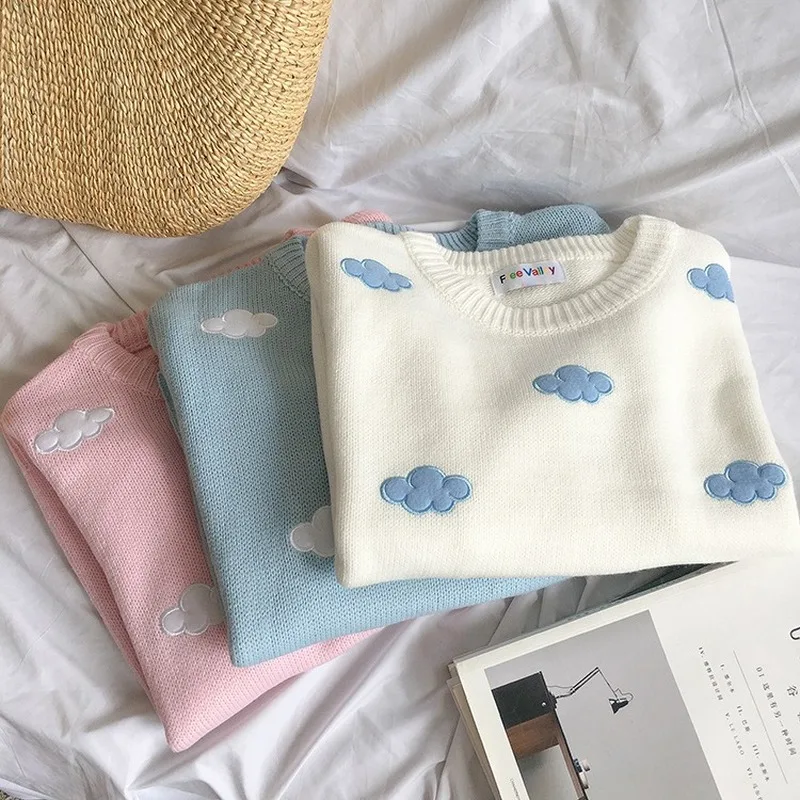 2019 женский свитер Kawaii Ulzzang в винтажном стиле для колледжа свободный с облаками
