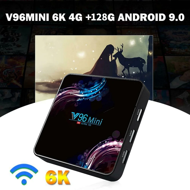 V96 Mini Android 9.0 TV BOX 6K H.265 2.4G/5G Wifi Bluetooth Set Top Box for Youtube Google Assistant 3D Video(4/128G EU Plug)