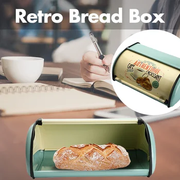 

Vintage Bread Box Storage Bin Rollup Top Light Blue Small Powder Coated Bread Iron Snack Boxes Food Containerfor Kitchen Home De