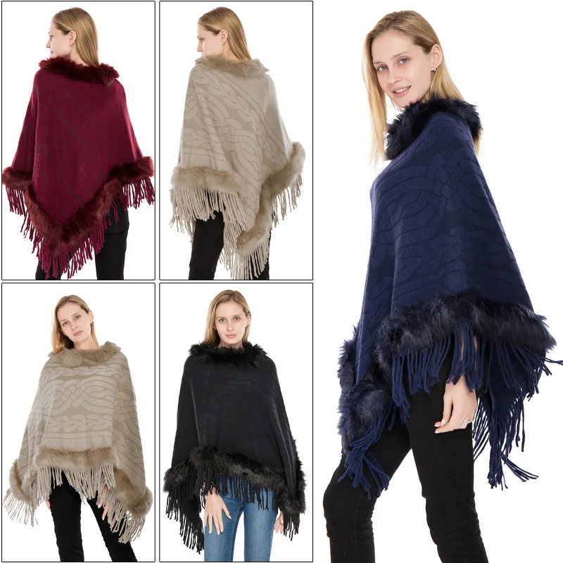

New autumn and winter warm jacquard knitted shawl, European and American imitation cashmere collar fur tassel pullover cloak