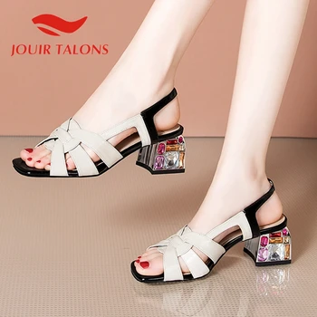 

JOUIR TALONS Brand Design Genuine Leather Women Sandals Square Heels Peep Toe Platform Crystal Pumps Summer Party Woman Shoes