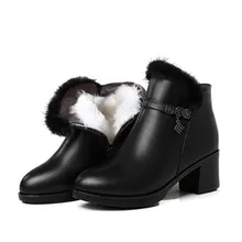 Новые модные теплые зимние ботинки женские ботильоны Нескользящие ботинки на высоком каблуке с подкладкой из плюша и шерсти ботинки из натуральной кожи женские ботинки