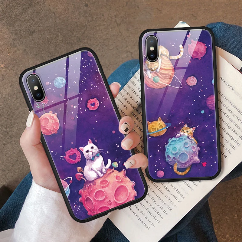 

Luxury Lovely Planet Tempered Glass Case For iPhone 7 8 6 6S Plus Silicon Cover For iPhone 11 Pro XS Max XR X For iPhone XR Case