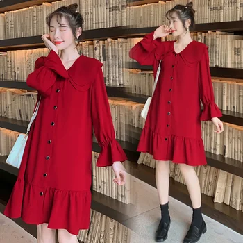 

7003# Sweet Wine Red Maternity Dress Autumn Korean Fashion Loose Clothes for Pregnant Women Love Elegant Fall Pregnancy Clothing