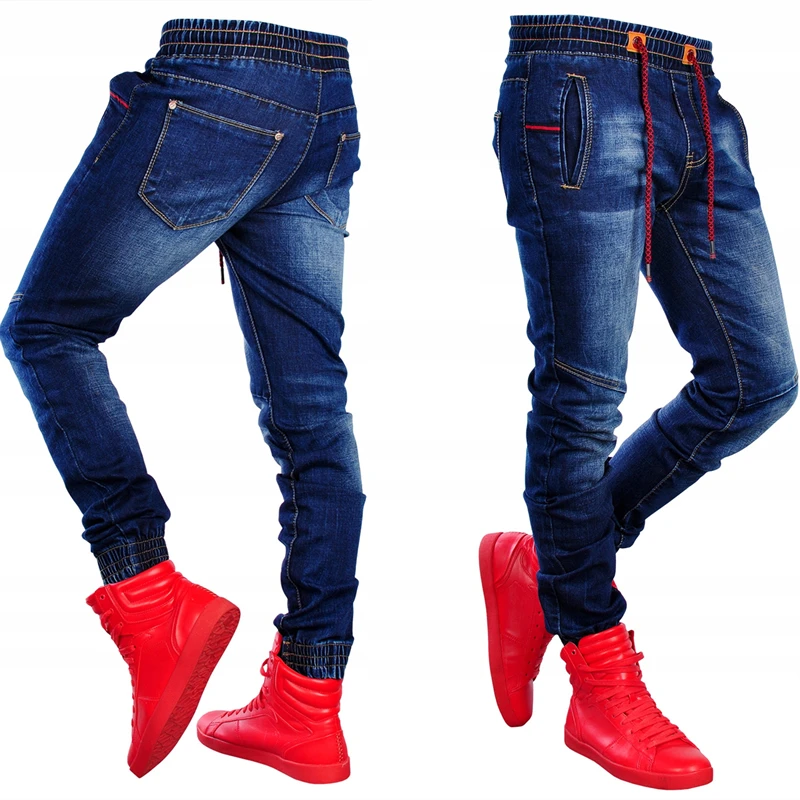 

NENTORI Skinny Jeans Men Elastic Waist Slim Fit Patchwork Trousers Fashion Blue Stretch Denim Pencil Jeans Casual Pants Clothes