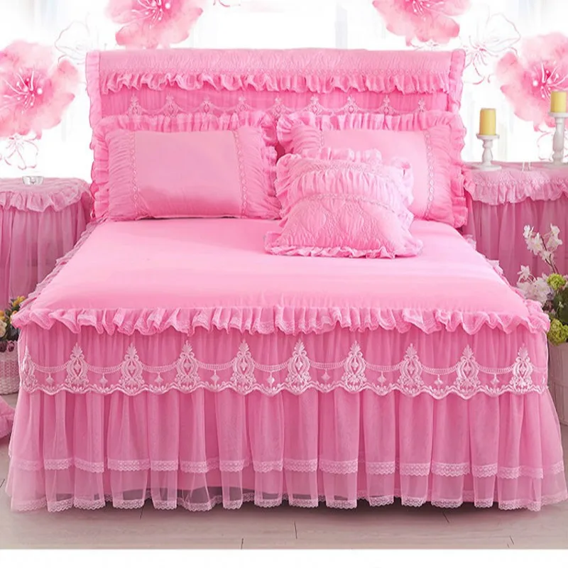 Pink Lace Ruffle Princess Bedding Bed Skirt Pillowcases Solid Color