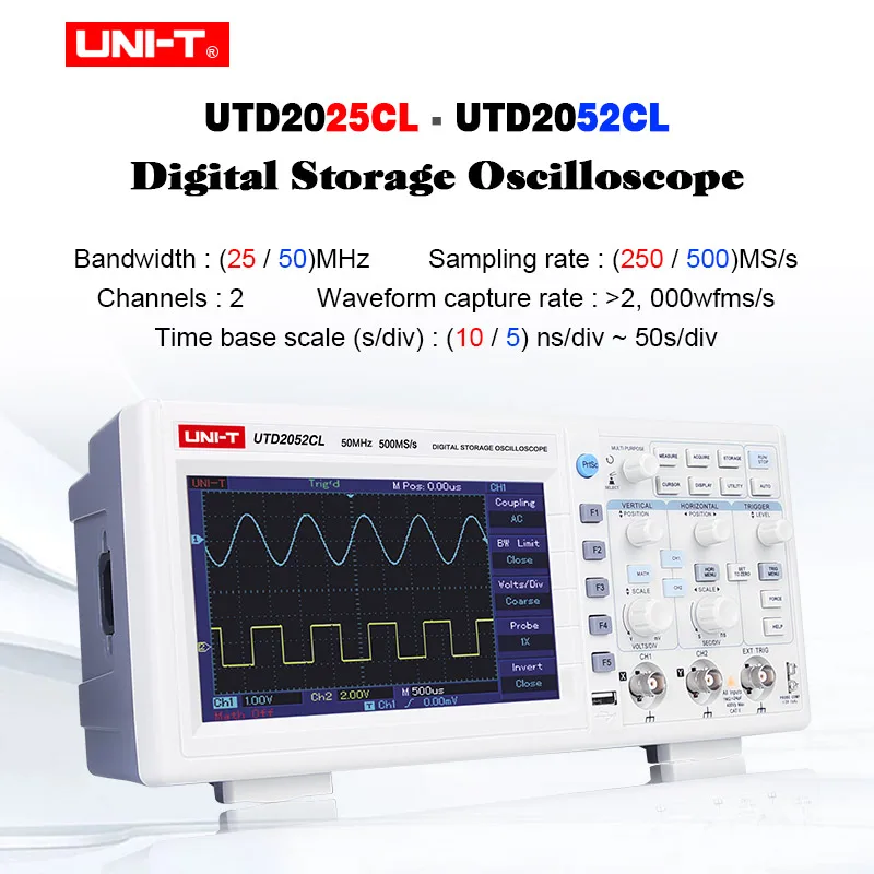 

UNI-T UTD2025CL UTD2052CL 100-240VAC Digital Storage Oscilloscopes 2 Channels 250-500MS/s Sample Rate 7-inch TFT LCD Scopemeter