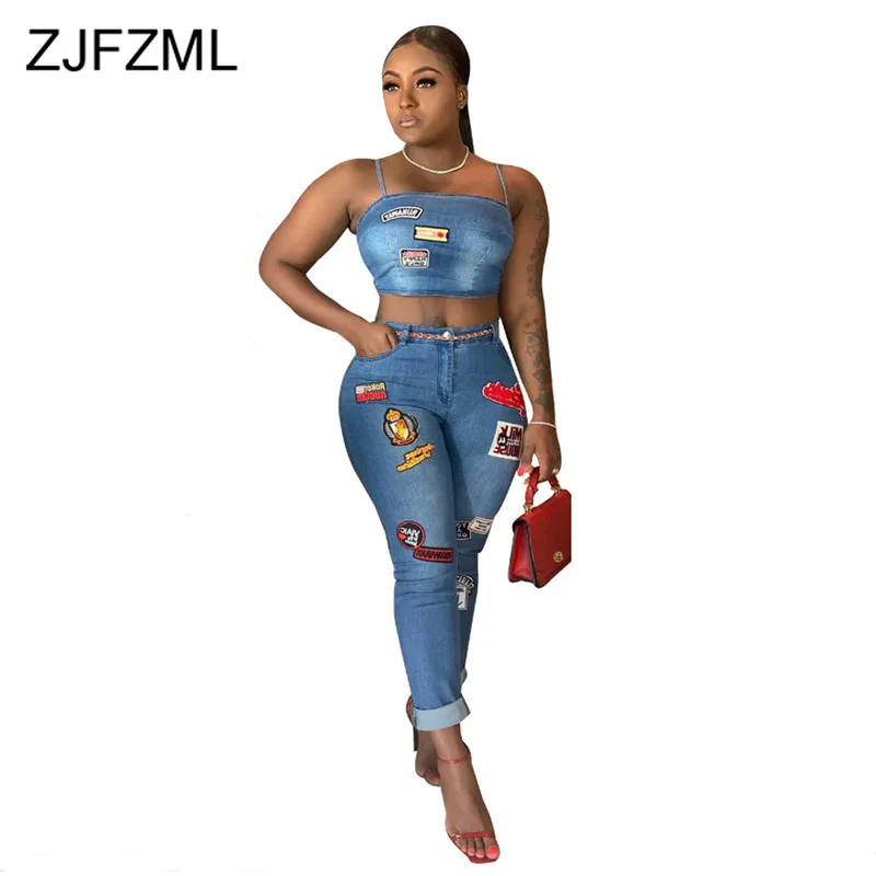 

Cartoon Applique Sexy Denim Two Piece Set Women Sets Clothes Spaghetti Strap Crop Top + Skinny Pencil Pants 2 Piece Club Outfits