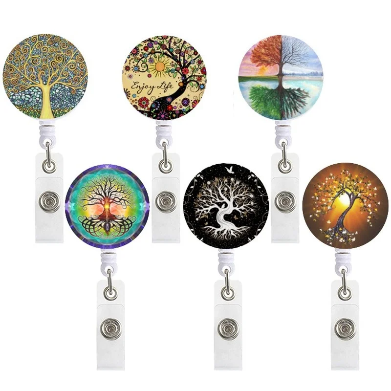 

Tree Pattern Nurse ID Tag Clip Name Badge Holder Reel Rotatable Work Card Easy Pull Lanyard Retractable Lanyard Reels