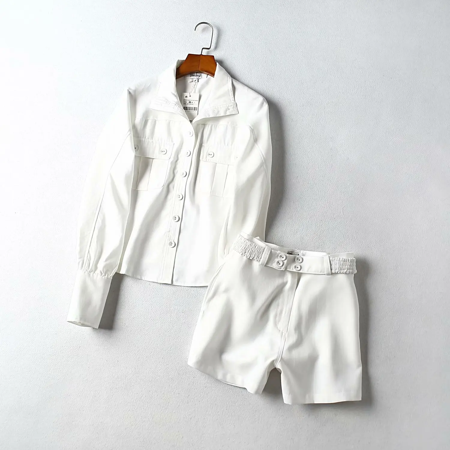Leisure White Two Piece Set Women Long Sleeve Lapel Shirts High Waist Shorts Korean Ladies Set