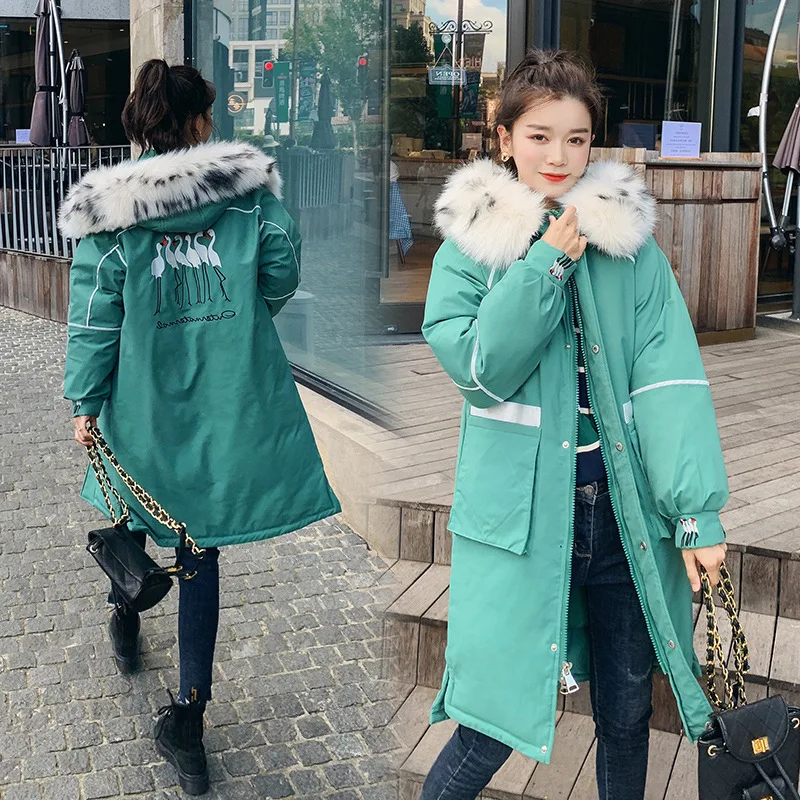 

2019 Winter New Style down Jacket Cotton-padded Clothes Women's Crane Embroidery Loose-Fit Large Fur Collar Long BF Cotton-padde