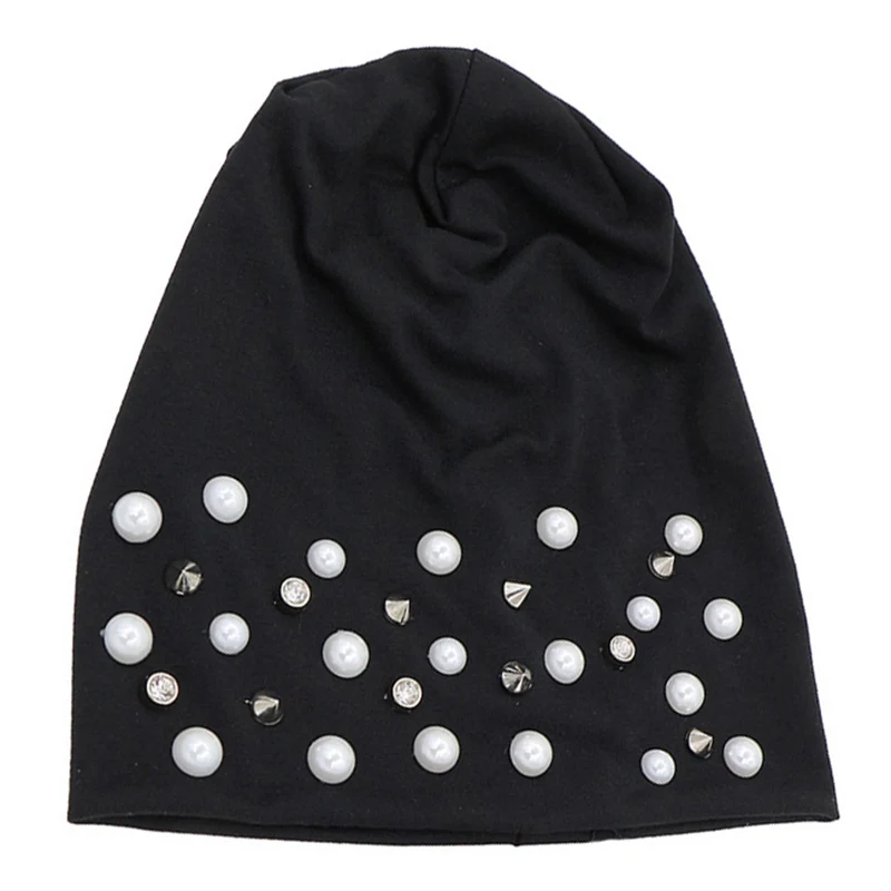 Black Женские свободные хлопковые шапочки Skullies с жемчугом, шапки для зимы, женские повседневные черные шапочки с бриллиантами, женские шапочки больших размеров Gorros - Цвет: Black