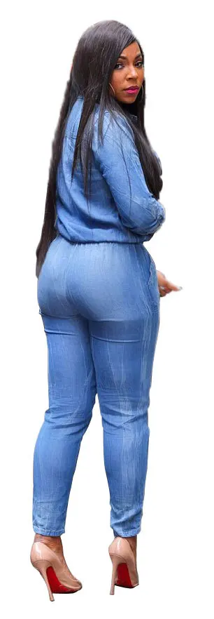 Women's denim jumpsuit fashion tie fitting casual jumpsuit