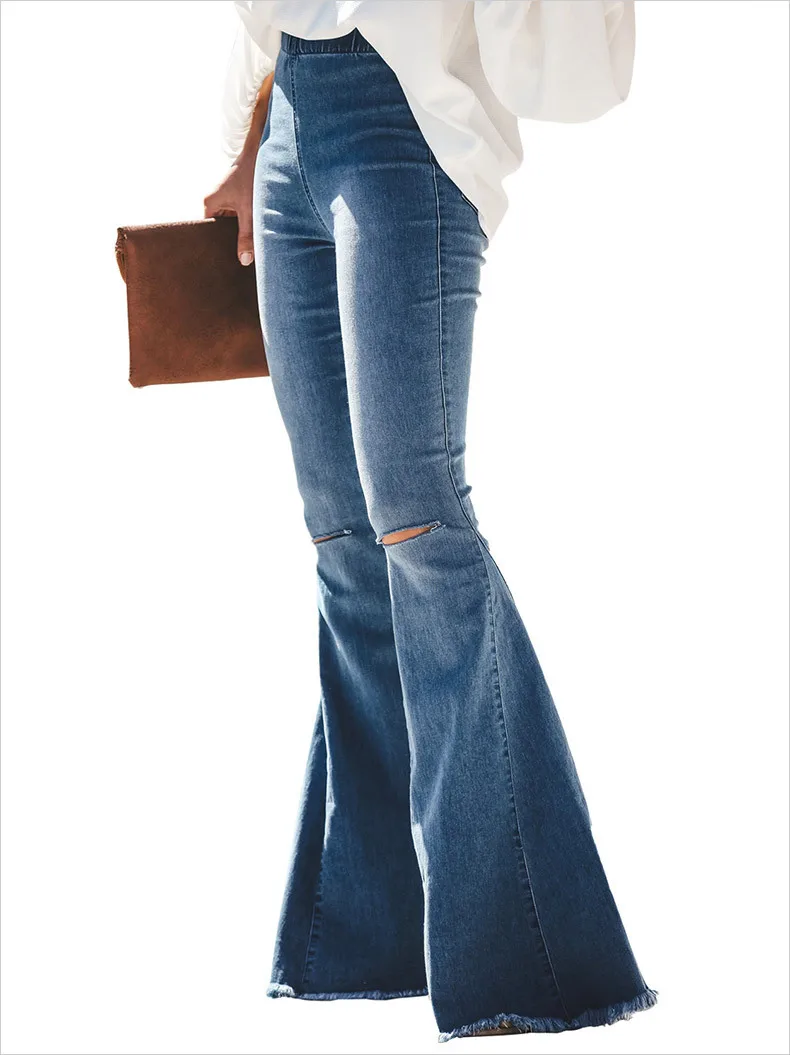 Высокая талия расклешенные джинсы женские рваные джинсы с колокольчиком для женщин джинсовые обтягивающие джинсы для мам широкие брюки большого размера с эластичной резинкой на талии брюки