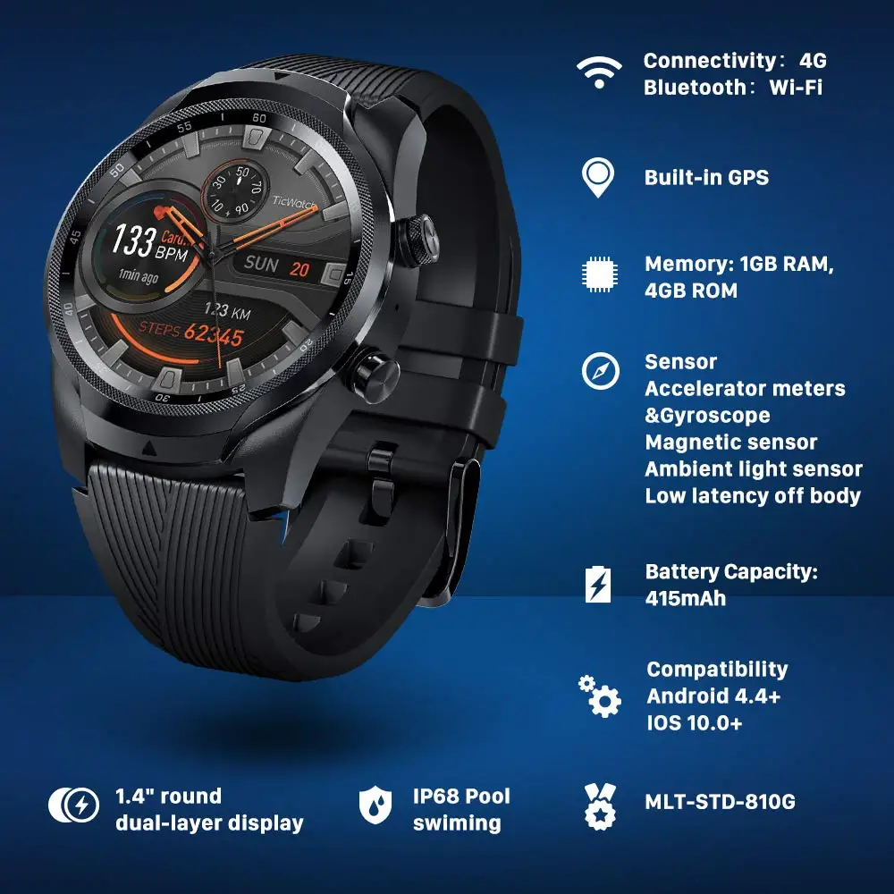  TicWatch Pro 4G/LTE Layered Display Sleep Tracking Swim-Ready 4G Service only Available for US-Veri