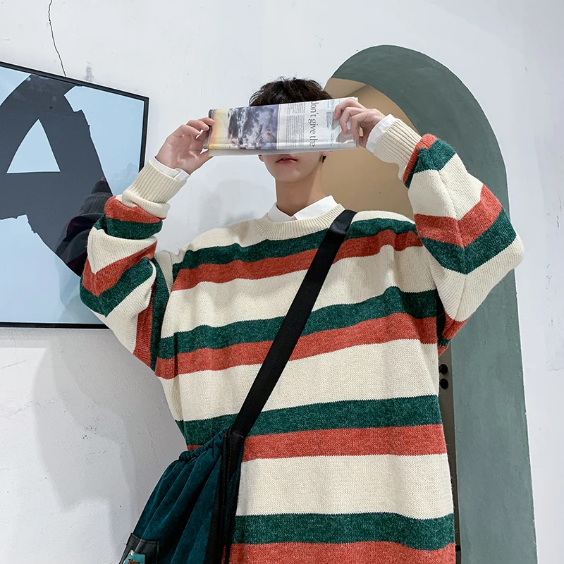 

Winter Thick Striped Sweater Men Warm Fashion Contrast Color Casual Knit Pullover Men Loose Nitting Sweaters Male Sweter Clothes