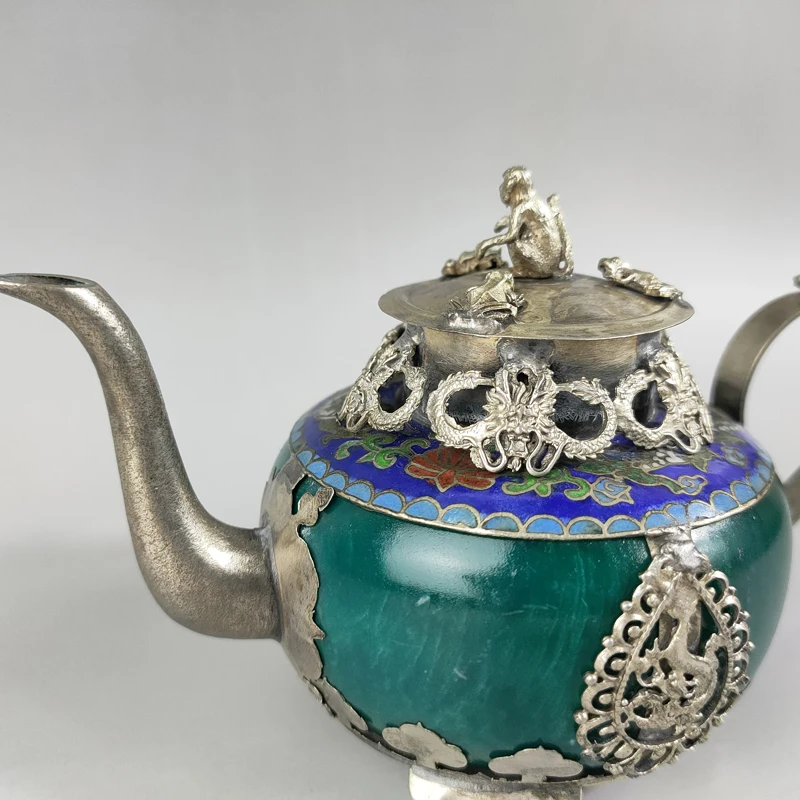 Chinese old handwork green jade  inlay tibet-silver dragon teapot & monkey lid 