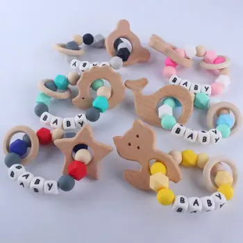 

Cute Baby Teether Toys Wooden Beads Newborn Teething Molar Toy Silicone Small Bracelet Crib Rattle Decoration