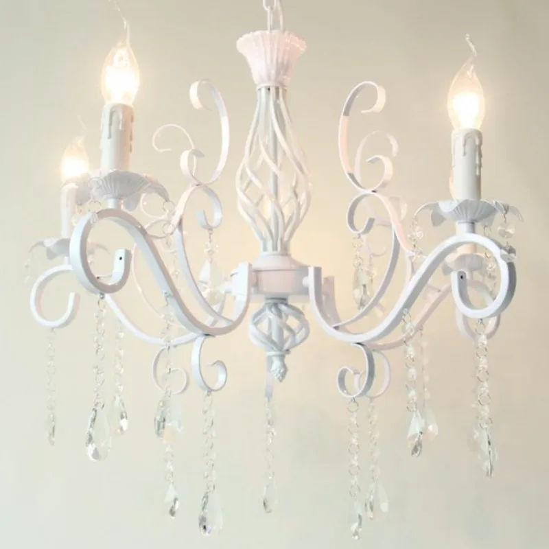 Home Vintage Wrought Iron Crystal Chandelier White Ceiling lamp E14 Candle Lights Lighting Fixture