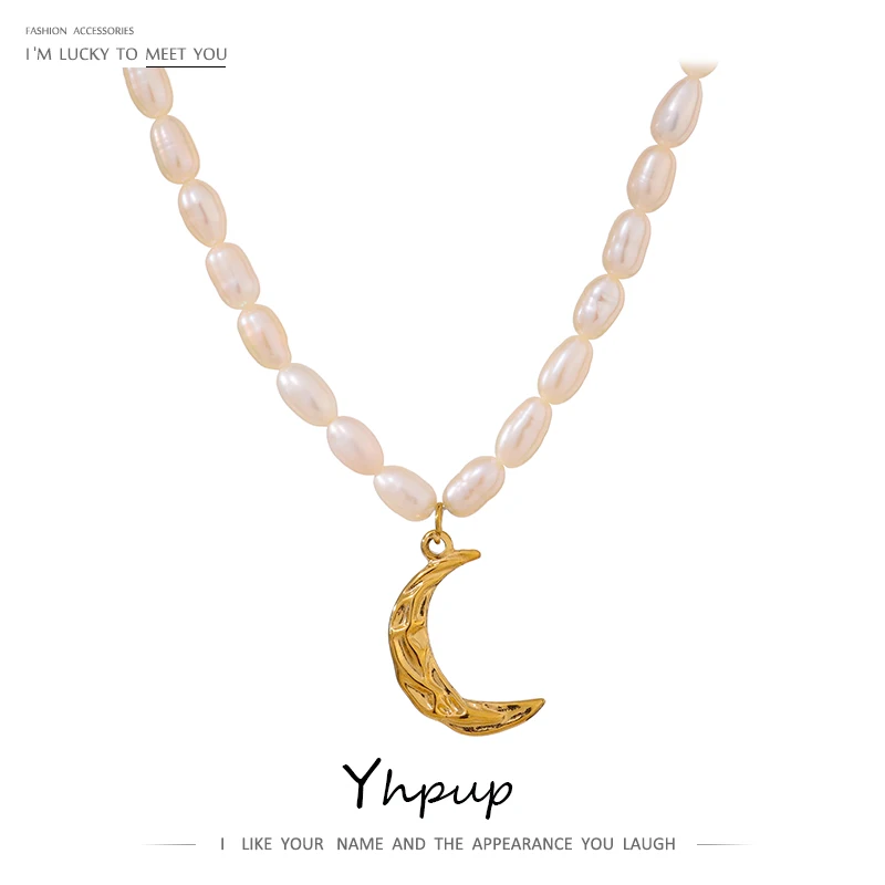 Elegant Natural Pearl Jewelry Necklace Moon Pendant Stainless Steel
