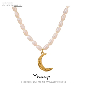 Elegant Natural Pearl Jewelry Necklace Moon Pendant Stainless Steel