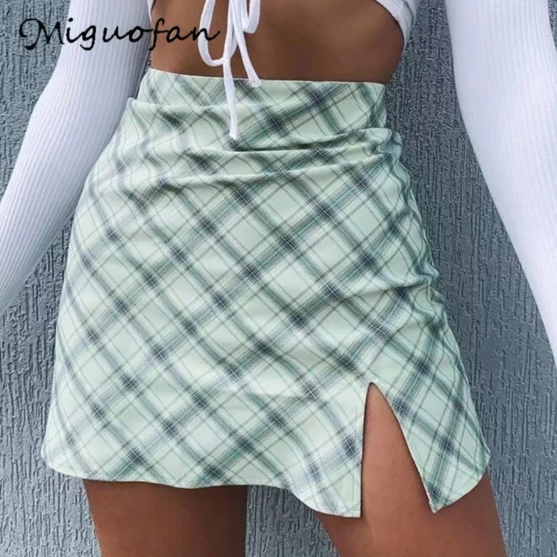 Miguofan green plaid printting skirts high split high waist Skirts for women high waist skirts vintage female lady spring 2020