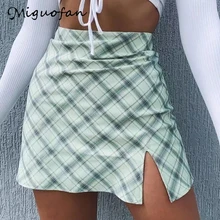 Faldas de estampado de cuadros verdes de Miguofan, Faldas de cintura alta con abertura alta para mujer, Faldas de cintura alta vintage para mujer, primavera 2020