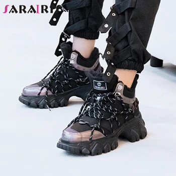 

SARAIRIS Brand Lady Chunky Heels Cool Daddy Sneakers genuine Leather shoelace Sneakers Women Casual Office Metallic Shoes Woman