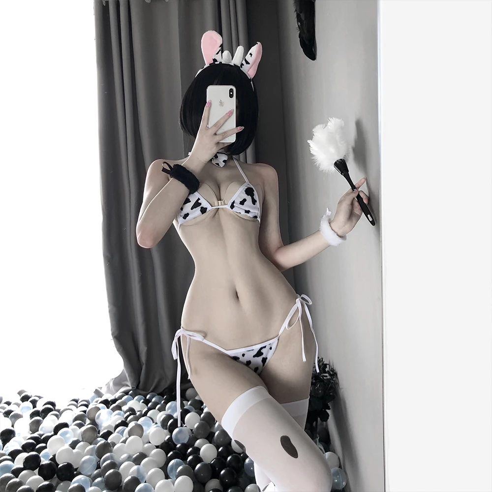 Cow Cosplay Costume Maid Tankini Swimsuit Anime Bikini Set Girls Women Lingeire Clothing Lolita Bra and Panty Stockings |