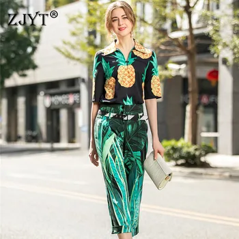 

Top Fashion Women Runway Set 2Piece Set 2020 New Spring Summer Pants Suit Set Elegant Half Sleeve Print Top and Pants Set Outfit