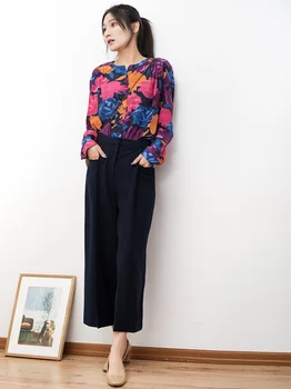 

100% Viscose New Women Shirt Oil Paint Romantic Peony Flower Print Sweet Loose Blouse Long Sleeve Female Blouses Tops