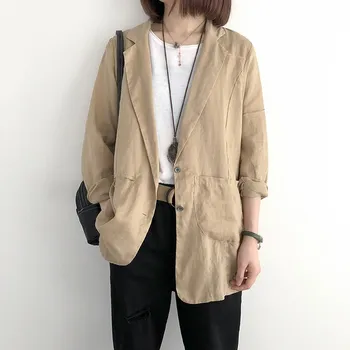 

2019 Women Solid Color Cotton Linen Blazer Office Lady Slim Business Work Jacket Casual Three Quarter Loose Suit
