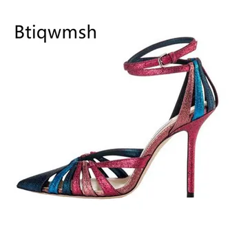 

2020 Chic Design Gladiator Sandals Women Pointed Toe Mixed Color Cut Out Ankle Strap 10cm 7cm High Heel Shoes Woman Sexy Sandals