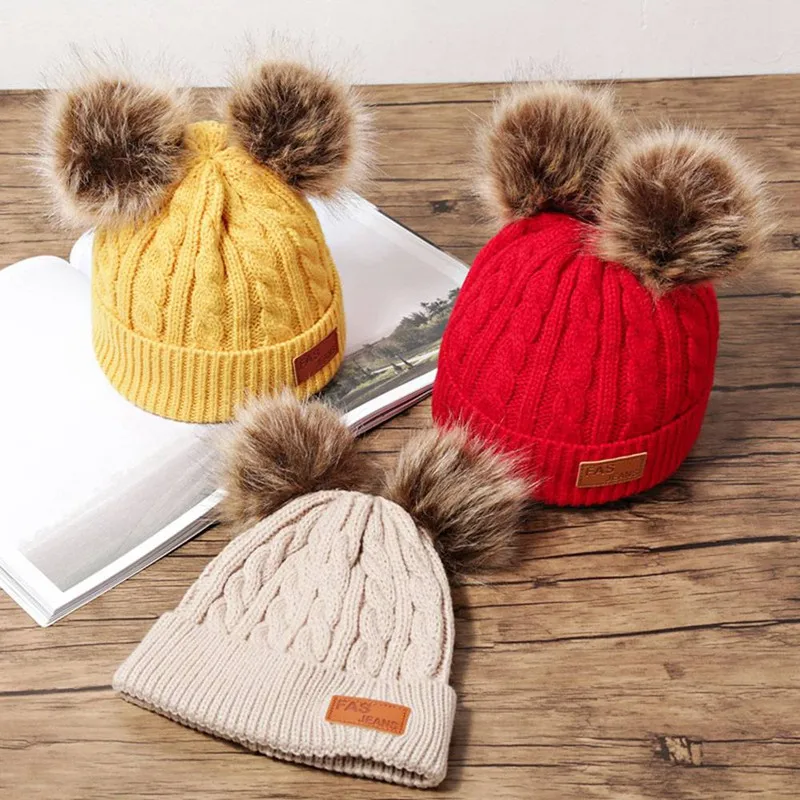 Beanies/детская зимняя шапка с помпоном; вязаная Милая шапочка для девочек и мальчиков; повседневные однотонные детские шапки для девочек
