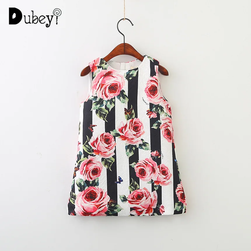 Brand Rose Flower Print Dress Summer Sundress Girl Design Black White Striped Fancy Floral Little Girls | Детская одежда и обувь