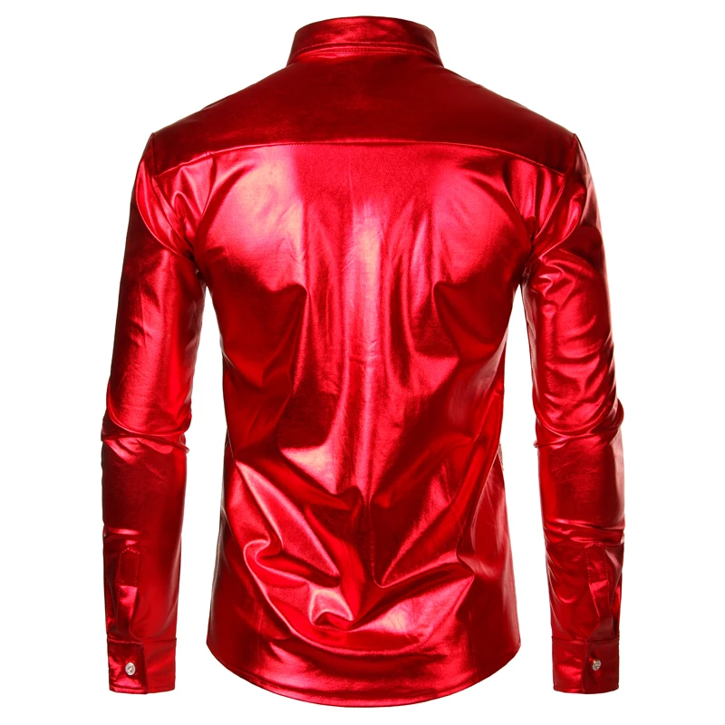 Red Sequin Metallic Patchwork Shirt Men 2023 New 70's Disco  Nightclub Sparkle Shirt Mens Halloween Party Stage Prom Costume 2XL