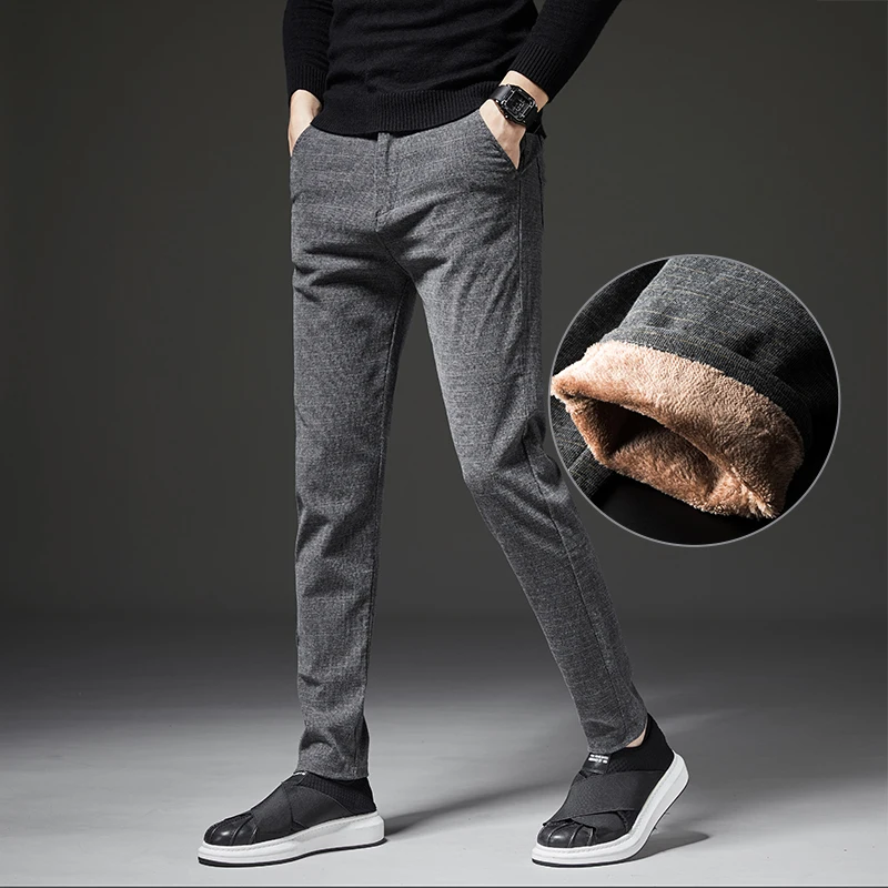 Мужские Зимние флисовые утепленные повседневные штаны, мужские деловые прямые эластичные плотные клетчатые хлопковые черные брюки, мужской размер 38