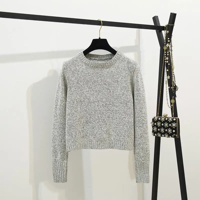 ICHOIX/свитер с галстуком-бабочкой, Женский комплект 2 шт., вязаные топы и юбка, сетчатая юбка в складку, зимний комплект из 2 предметов, корейский комплект одежды - Color: Gray sweater