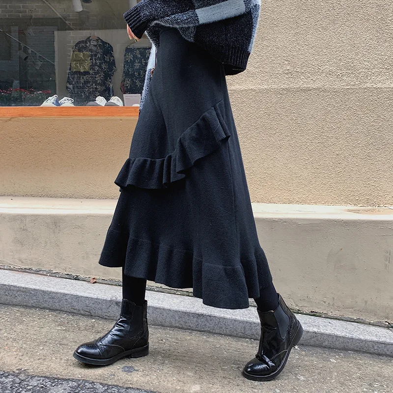 

Knitted Skirt Women's Mid-length Autumn And Winter Korean Flounced Versatile Very Fairy of High-waisted A- line Wool Skirt