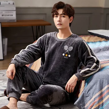 

Set Warm 2PCS Sleepwear Thicken ShirtandPants Couple Coral Fleece Pyjamas Suit Casual Sleep Set Winter Striped Lovers Pajamas