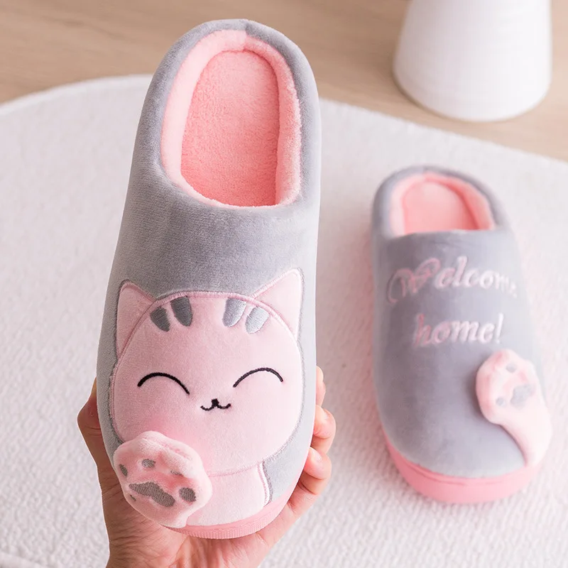 Dropshipping Women Winter Home Slippers Cartoon Cat Shoes Soft Winter Warm House Slippers Indoor Bedroom Lovers Couples YYJ220 - Цвет: Gray pink