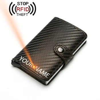 

Engraving Name Carbon Credit Card Holder RFID Hasp Men Wallets PU Leather Bank Card Holder ID Women Purse Aluminum Wallet
