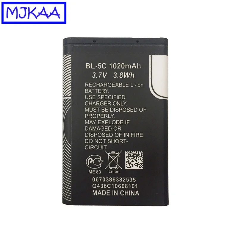 MJKAA 2 шт. BL-5C 3,7 V 3.8Wh 1020 мА/ч, литий-ионный аккумулятор Батарея для Nokia 1208 1600 1100 1101 2610 2600 2300 6230 6630 n70 n71 n72 n91 e60