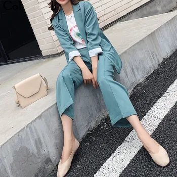 

2020 New Spring Woman Sets 2 Piece Matching Wide Leg Pants Casual Buttons High Elastic Waist Office Lady Suit
