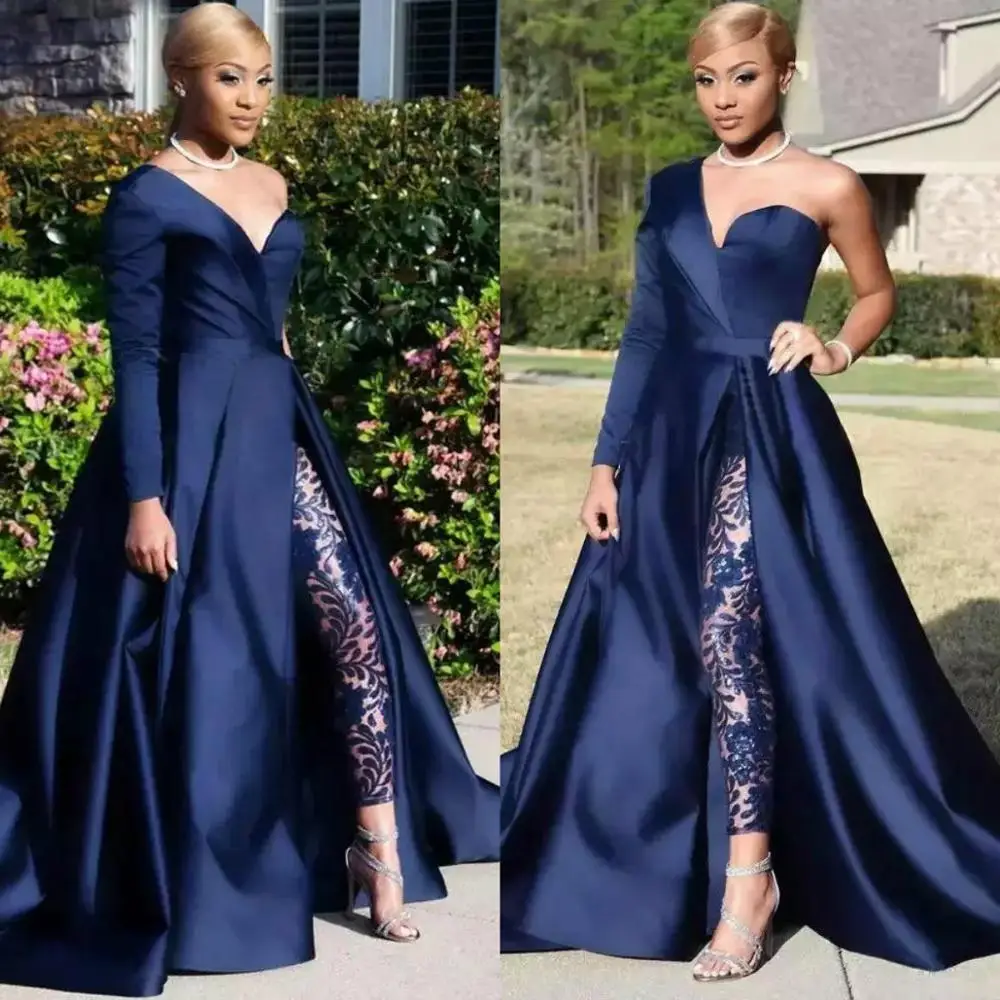 

Elegant One Shoulder Long Sleeve Evening Dresses Pant Suits A Line Dark Navy Split Prom Party Gowns Jumpsuit Celebrity Dresses