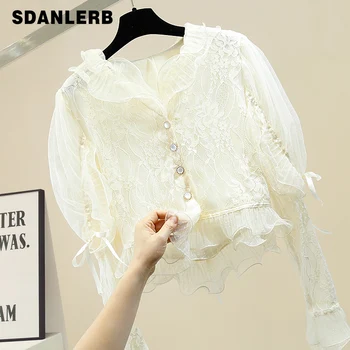 

Short Lace Shirt Woman Retro Palace Style Frilled Lace Blouse Crochet Lace-up Shirt Women's Puff Sleeve Lace Blouses and Tops